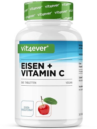 Eisen - 365 Tabletten mit 40 mg reinem Eisen + natürlichem Vitamin C - Premiumrohstoff: Eisenbisglycinat (Eisen-Chelat) - Hochdosiert - Vegan