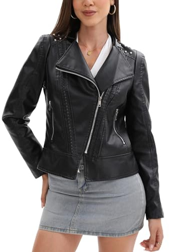 chiguomaoyi Women's Studded Motorcycle Short Leather Jacket Zipper Punk Fashion Streetwear Coat