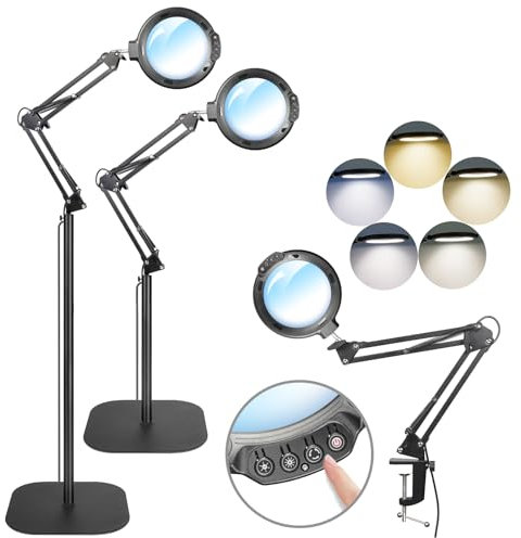 12X Bodenlupe mit Licht und Ständer, Flexible Schwenkarm Lupenleuchte mit 54 LED, 5 Farbmodi stufenlos dimmbar Hände frei beleuchtete Lupe für Lesen, Nähen, Handwerk, Feinarbeit