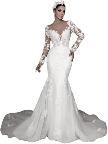 TSxuelian Vestidos de novia de sirena de manga larga para mujer, con apliques de encaje, vestidos de novia bohemios con cola extraíble, blanco, 48