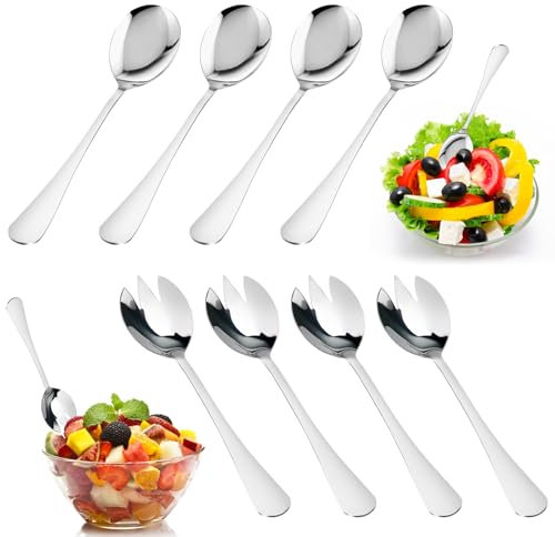 8 Stück Salatbesteck Edelstahl Vorlegebesteck, Salatlöffel aus Edelstahl und Salatgabeln aus Edelstahl, Salatgabeln Vorlegelöffel, Multifunktion Löffel und Gabel für Restaurants, Hotel, Party, Buffet