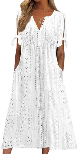 CheChury Vestido Casual Mujer Verano Largos de Playa Cuello en V Boho Bohemio Sueltos A-Line con Bolsillos Manga Corta para Vacaciones Midi Elegante