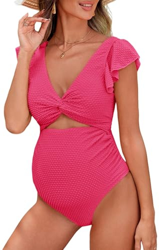 FEOYA Maternity Puffle One Piece Badkläder Front Cross Pregnance baddräkt sommar bikini Badkläder dräkt för graviditet S–XL, ROSA, L