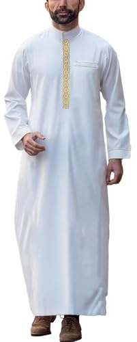 Generico Camicie Eleganti Maniche Lunghe Abito da Uomo Musulmano a Maniche Lunghe con Colletto Alto Ricamato, Arabo, Largo Completo (White, M)