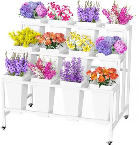 Putros Flower Display Stand with 12 Buckets White 3 Layers Metal Floral Cart with Wheels Moving Florist Bouquet Bar Plant Shelf for Indoor Outdoor Patio Garden Party Decor