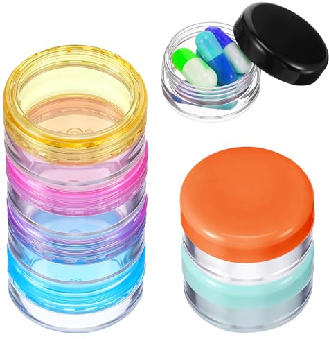 ElevateTech Lot de 7 petites boîtes à pilules de voyage pour poche, sac à main, pilules rondes quotidiennes, boîtes de rangement portables pour médicaments, huile de poisson (noir, violet, orange