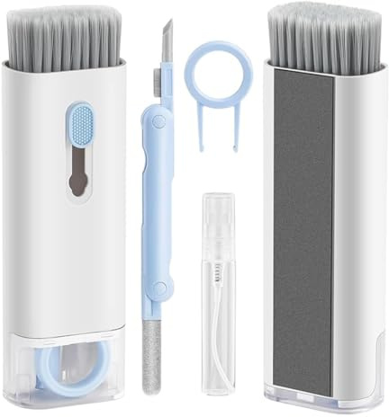 GXGM 1 Pcs Set Kit Nettoyage Clavier,Gadgets de Bureau, Brosse de Nettoyage à 7 fonctions,Pour Tablette PC, Nettoyant Clavier,Nettoyeur de Clavier avec Brosse et Spray, Outils,Bleu et Blanc