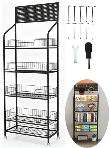 tonchean Retail Display Stand 5 Tier Snack Display Rack Organizer on Wheels | 360° Rotating Pegboard Display Stand Metal Shelving Unit with Hooks for Office Cafe Stores Shops Kitchen Superma