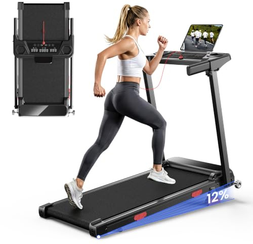 Dskeuzeew Walking Pad treadmill 12% Incline Foldable with Handle Bar, 12KM/H Folding Running Machine Portable Under Desk for Home Office, Compact for Small Spaces, Safety Lock, Remote Control