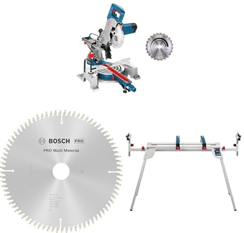 Troncatrice radiale Bosch Professional GCM 80 SJ + 1 lama circolare Bosch PRO Multi Material per troncatrici radiali e troncatrici + banco da lavoro Bosch Professional GTA 2600