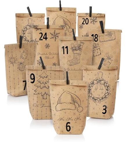 Norrstern adventskalender för fyllning – presentpåsar set med 24 påsar, minitvättklämmor och siffror klistermärken för pyssel för barn, kvinnor och män