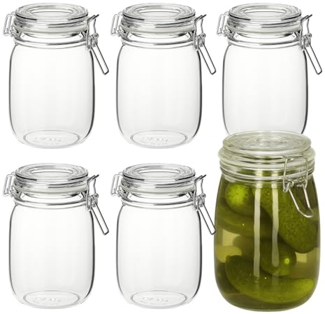 PALUPLUS 6 Barattoli in Vetro Tondi con Coperchio da 1 Litro, Misura 13x12x17 cm, Vasetto vuoto con Chiusura a Clip Ermetica, vasi sottovetro per marmellate, Biscotti, Cereali, Bomboniere -249C -4,5