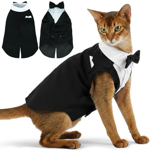 PUMYPOREITY Cat Tuxedo Suit Formal Wear with Bow Tie, Soft Skin-Friendly Cat Costumes for Cats Only, Elegant Outfit for Male Female Cats, Perfect for Wedding Birthday Photo Shoots, M, Black