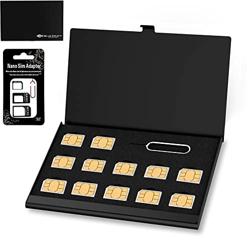 BlueCraft Slim Nano SIM (Max. 12 Nano-SIM-Kartensteckplätze) Aluminium Antistatische Halterung mit SIM-Karten-Adaptern (schwarz)