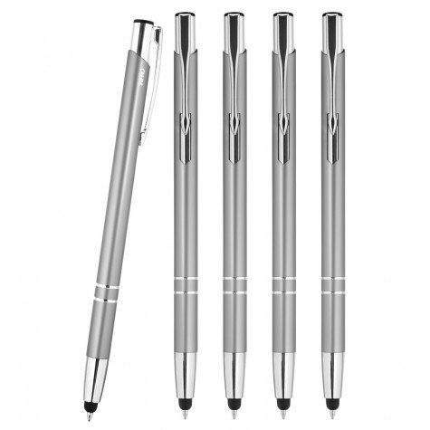 WPRO Stylosa 5er Set 2-in-1 Touchpen & Kugelschreiber – Aluminium Eingabestift, dünne Spitze, Silber – Präzise für Tablet & Smartphone, ergonomisch, langlebig