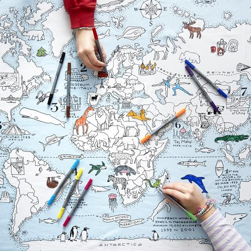 World Map cotton tablecloth with wash-out fabric pens - colour and learn