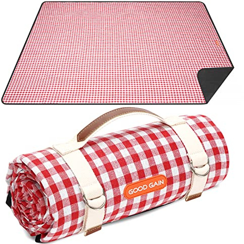 Picnic Blanket Waterproof,Beach Blanket Portable with Carry Strap Outdoor Camping Party, Large Foldable Sand Proof Blanket for Wet Grass Hiking or Kids Playground XL Picnic Mat (red check)