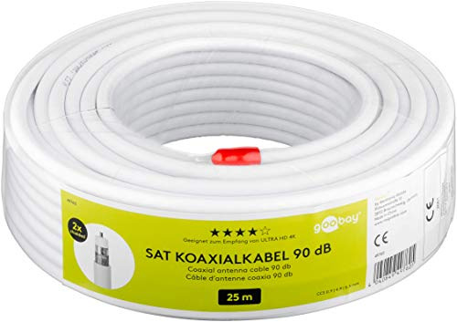 Goobay 49760 - Cavo coassiale satellitare, 90 dB, 25 m, schermatura doppia, HDTV, DVB-T, DVB-S, cavo TV CCS, cavo satellitare, 25 m, colore: Bianco