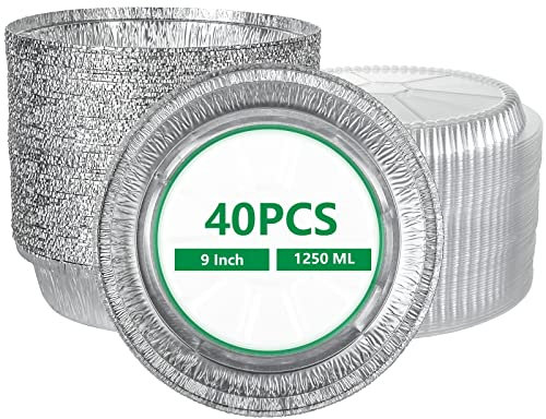 LOLYSIC 40 Pack 9 Inch Foil Trays with Lids, 1250ML Disposable Round Aluminum Foil Food Containers, Tin Foil Trays Flan Cases Tin Pie Dishes for Baking Takeaway Party Food Storage, 23x5cm
