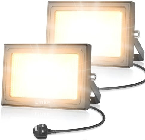 Linke 60W LED Floodlight Outdoor, 5200LM Work Lights Plug in, IP66 Waterproof Led Outdoor Lights, Wall Lights Outdoor Warm White for Garden, Porch, Courtyard, Garage & Warehouse, 2 Pack