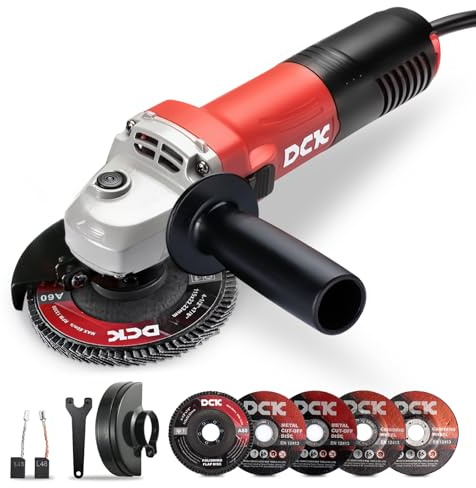 DCK Angle Grinder, 4-1/2-Inch, 6.7Amp Cut off Tool Grinder, 11,800 RPM with 2 Safety Guards, 6-Piece Discs (2 Cutting/2 Grinding/2 Flap Discs), Professional Angle Grinder for Metal, Wood (KSM09-115S）