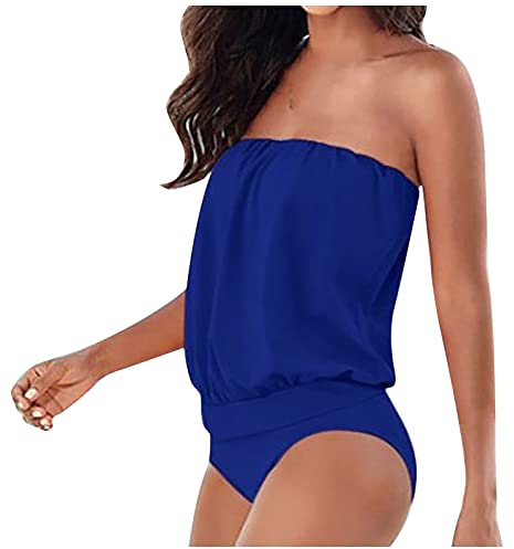 Maillot de Bain 1 Pièce sans Bretelles pour Femme - Vêtement d’été Une Pièce avec Bandeau, Couleur Unie sans Bretelles Beachwear Monokini de Plage,2-Bleu,M