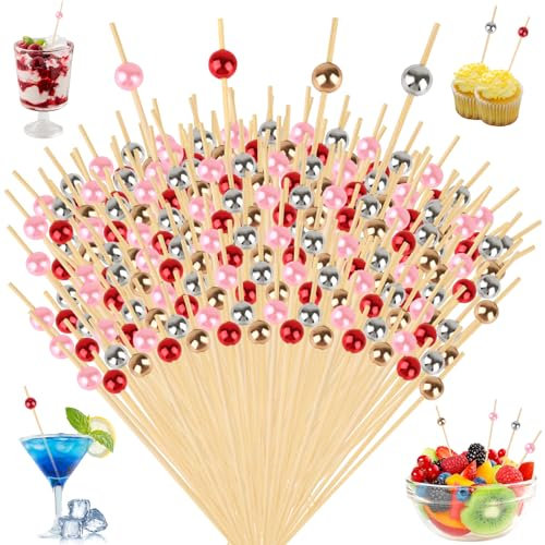 Cocktailspieße, 200 Stück Spieße Fingerfood mit Acrylperle, 12 cm Holz Cocktail Sticks Partyspieße Partypicker Käsespieße für Getränke, Essen, Obst, Desserts, Partyzubehör