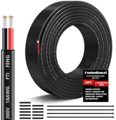 18 Gauge Wire 2 Conductor Electrical Wire, 18 AWG Wire Stranded PVC Cord, 12V Low Voltage/Oxygen-Free Tinned Copper/Flexible 18/2 Cable for Automotive Marine LED Strips Lamps Lighting (30FT/ 9M)