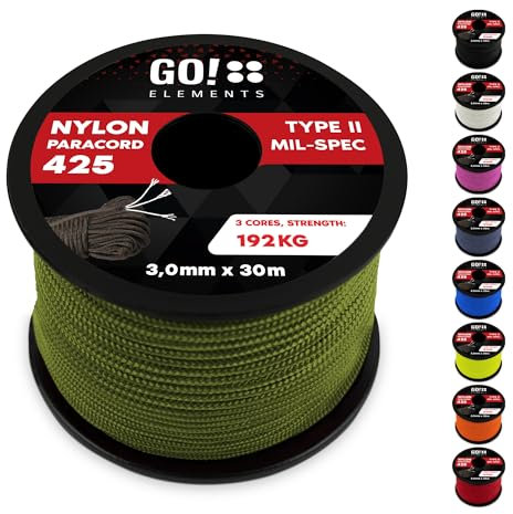 GO!elements Paracord de Nylon Resistente al desgarro 3mm – Tipo II 425, línea Multiuso para Exteriores y Supervivencia, Carga máx. 192kg