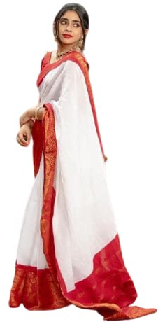 Aashita Creations Banarasi - Sari de seda lichi suave para mujer, diseño rico pallu, sari kanjivaram, color rojo y blanco, Blanco Y Rojo, talla única