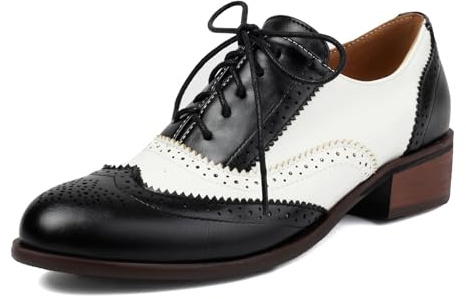 SHEMEE Women's Chunky Low Heels Oxfords Saddle Shoes Creeper Vintage Wingtip Brogues Perforated Flats Lace Up Pumps Two Tone Black White,US 8