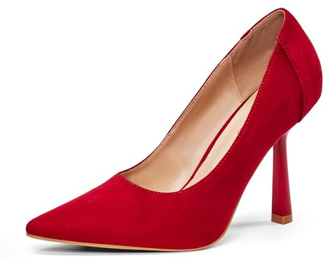 GENSHUO Ladies 4 Inch High Heel Court Shoes - Pointed Toe Cone Stiletto Pumps, red Suede, 6 UK