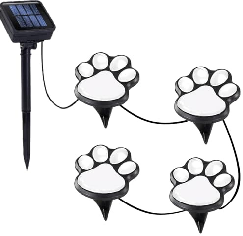 Blunem Paw Print Solar Lights - Outdoor Garden Decoration Waterproof, Cat Dog Animal Set (4), Pet Cemetery, Grave Memorial, Gifts for Pet Lovers (Cool White)