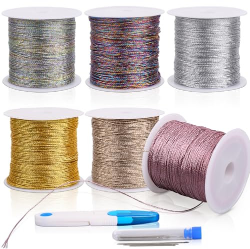 Fizdoqg 6 rotoli di cordoncini metallizzati da 300 m, filo dorato, sottile, filo di seta, per fai da te, bracciali, collane, 0,4 mm x 50 m
