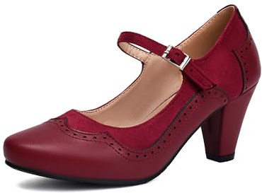elerhythm Mary Jane Classic et Retro années 1920 Escarpins Gatsby Oxford Motif Pinup années 1950 Vintage Bout fermé Bout fermé Chaussures à bride de cheville, rouge, 40 EU