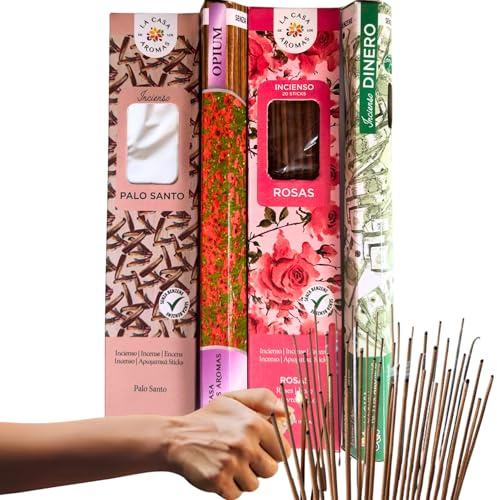 80 Varillas de Incienso Natural – Pack Temático: Armonizar tu Hogar – 4 Aromas: Rosas, Palo Santo, Dinero, Opium – Larga Duración – Incluye Bolsa Antihumedad – Hecho en India sin Tóxicos