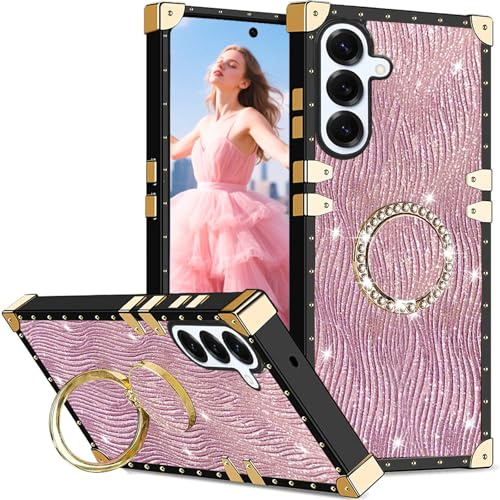 Ysnzaq Glittervattenkrusningsfodral för Samsung Galaxy A56/Galaxy A36 med diamantring, stativ, kvinnor, flickor, stötsäkert, skyddande fodral med metalldekoration för Samsung A56 SBZ rosa