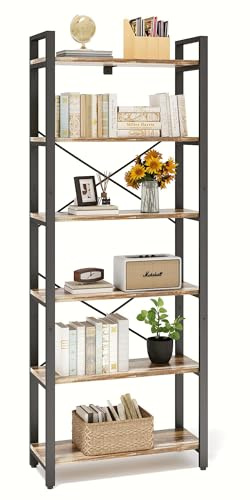 IRONCK 2M Bücherregal, Standregal mit 6 Ebenen, Regal Holz mit Metallrahmen, Büroregal Industriel, offene Ablagen, Bookshelf für Büro, Wohnzimmer, Schlafzimmer, Küche (Kamelbraun Schwarz)