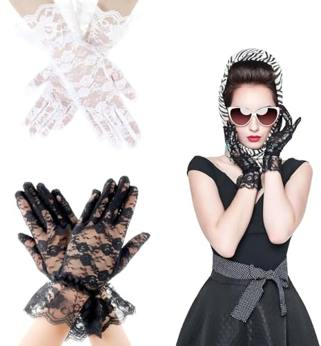 HUSHRICH 2Pairs Women Lace Gloves Black White, Short Wedding Glove Tea Party Gloves Courtesy Glove for Opera Evening Wedding Tea Party Prom 1920s