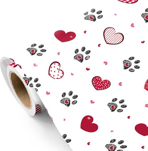 RUSPEPA Rollo De Papel De Regalo Para San Valentín - Mini Rollo - 43,2 Cm X 5 M - Papel De Regalo Con Huella De Pata De Corazón Para San Valentín, Aniversarios Y Cumpleaños De Niñas Y Mujeres