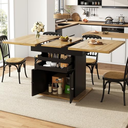 Merax Telescopic Dining Table 110-140×80cm, Extendable Kitchen Table for 4-6 People with Drawers & Storage Cabinet, Foldable Space-Saving Dining Table