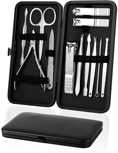 AYBUY Manicure Set, 12pcs Nail Clippers Pedicure Kit, Portable Nail Trimming set,Stainless Steel Grooming Tools with Fine Leather Case for Men Women Friends and Parents(Steel Color)