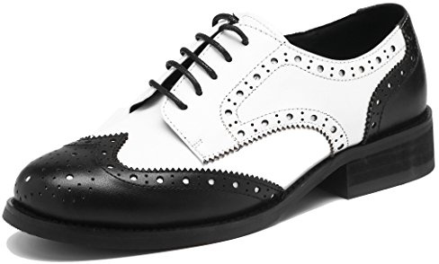 U-lite Women's Perforated Lace-up Wingtip Leather Flat Oxfords Vintage Oxford Shoes Brogues (11, Black White)