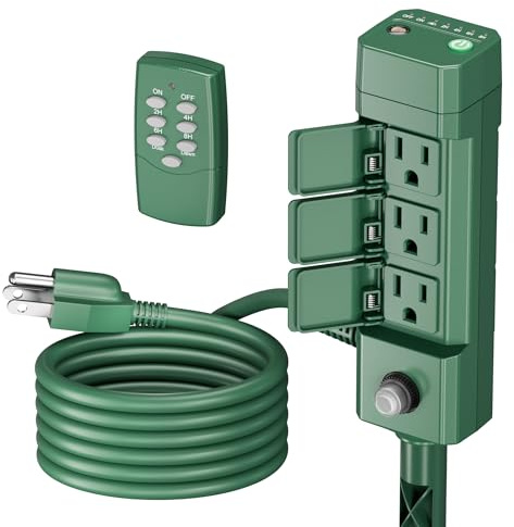 BN-LINK Outdoor Power Stake Timer, 100FT Wireless Remote Control, Dusk to Dawn Sensor for Outdoor Lights, 6 Grounded Outlets, 6ft Extension Cord, 1875W/15A,Christmas Decorations, ETL Listed