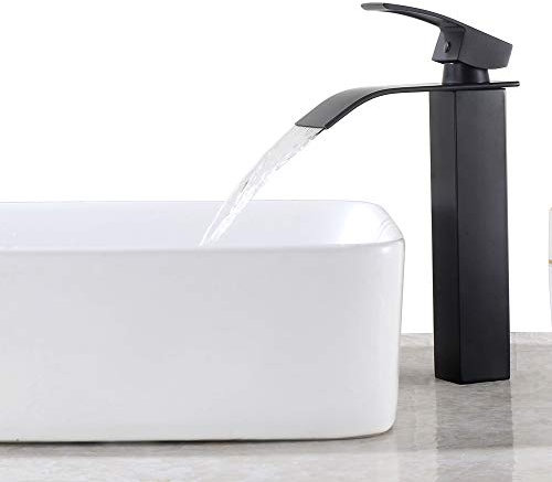 Auralum Robinet Salle Bain Noir, Haut Mitigeur Lavabo, Robinet Vasque à Poser Salle de Bain, Grand cascade Bec Carré, Eau Chaude et Froide Disponible, Hauteur du Bec 204mm