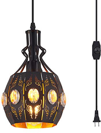 YLONG-ZS Hanging Lamp Swag Lights Plug in Pendant Light,Hanging Lights with Plug in Cord Small Black Vintage Rustic Dimmable Hanging Ceiling Lamp for Corner Restaurant Living Room Bedroom