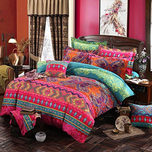 CoutureBridal Housse de Couette 240x260cm + 2 taie d'oreiller 65x65cm 2 Personne Ado Fille Adulte Coloré Rouge Bohême Boho Indienne Parure de Lit Linge de lit