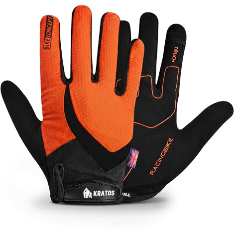 Kratos Cycling Gloves for Men and Women, Shock Absorbing Gel Padded Mountain Bike Gloves - Anti Slip & Breathable MTB Gloves with Adjustable Hook and Loop Fastening (Orange (Full Finger), XL)