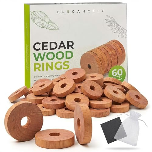 Elegancely 60 Pcs Moth Repellent for Wardrobes, 100% Natural Cedarwood Moth Repellent | 4cm Cedar Ring Blocks vs. Standard Cedar Balls & Moth Balls for Wardrobe - 6 Sandpapers & 2 Gauze Bags Included
