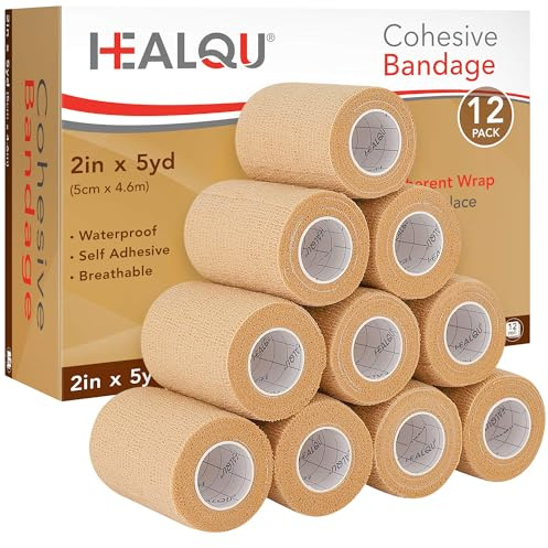 HEALQU Self Adhesive Bandage Wrap - 12 Rolls 2in x 5yd Cohesive Tape for Athletic and Sports - Self Adherent Medical Tape, Flexible, Elastic Bandages for Wrist & Ankle Vet Wrap for Dogs
